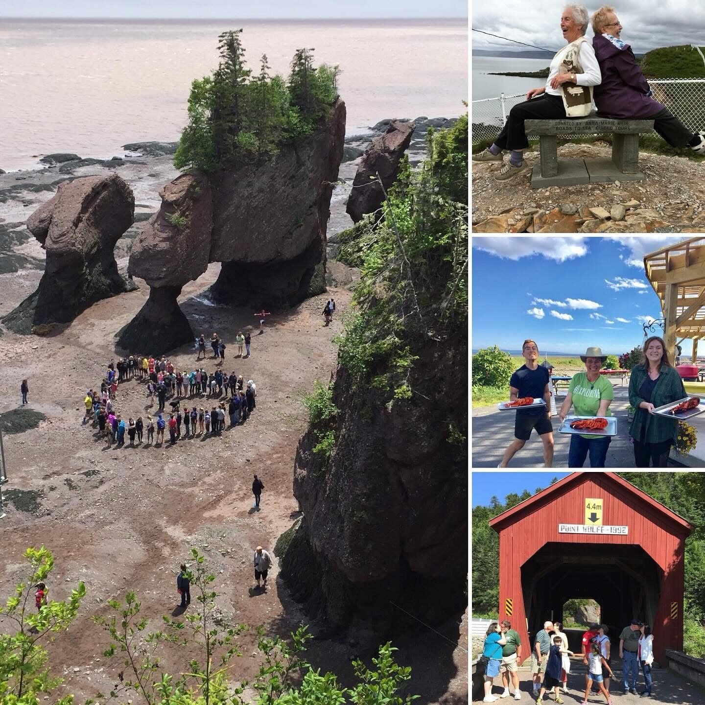 Collage showing people making a heart shape on the beach at Bay of Fundy low tide, covered bridge, lobster platters, and two older ladies sitting back to back on a bench